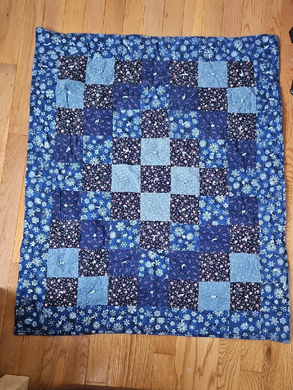 Handmade Baby Patchwork Quilt - Blue Floral Reversible